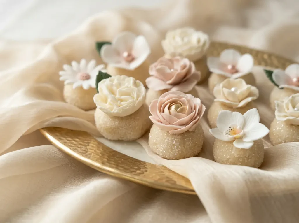 Floral brigadeiros with edible sugar flowers on a hammered gold tray nestled in ivory fabric