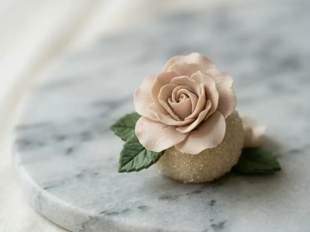 Close-up of a floral brigadeiro topped with a hand-sculpted dusty-pink sugar rose on white marble