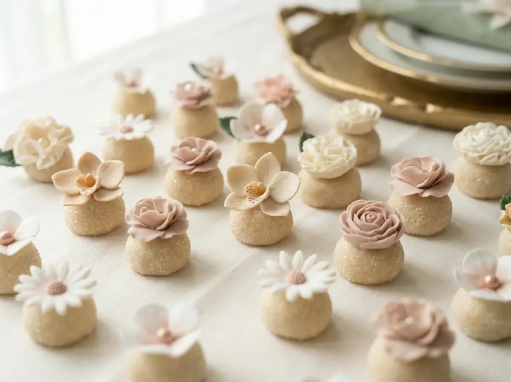 Arrangement of floral brigadeiros on ivory linen with gold-rimmed tableware softly blurred behind