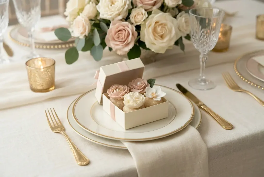 Floral brigadeiro gift box styled at a wedding place setting