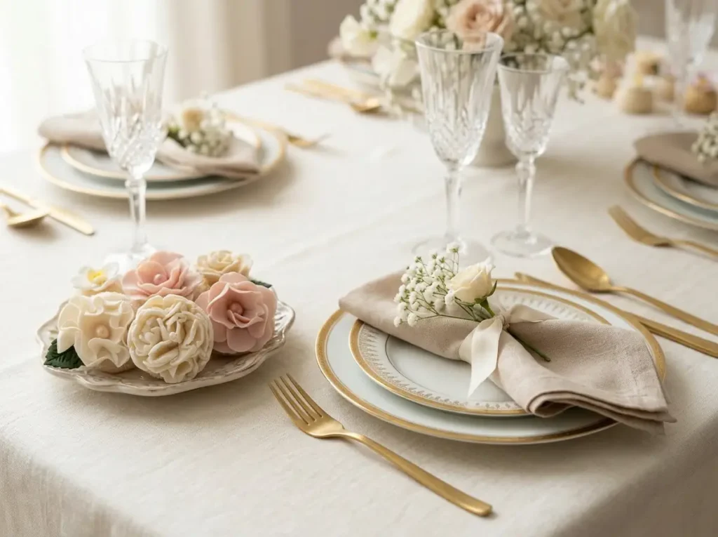 Wedding place setting styled with color-matched floral brigadeiros in soft blush and ivory tones.