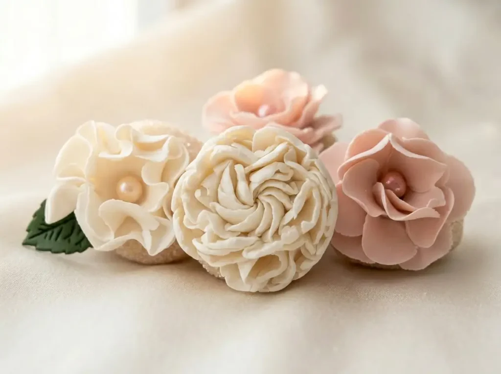 Floral brigadeiros arranged on a custom color-matched wedding place setting.