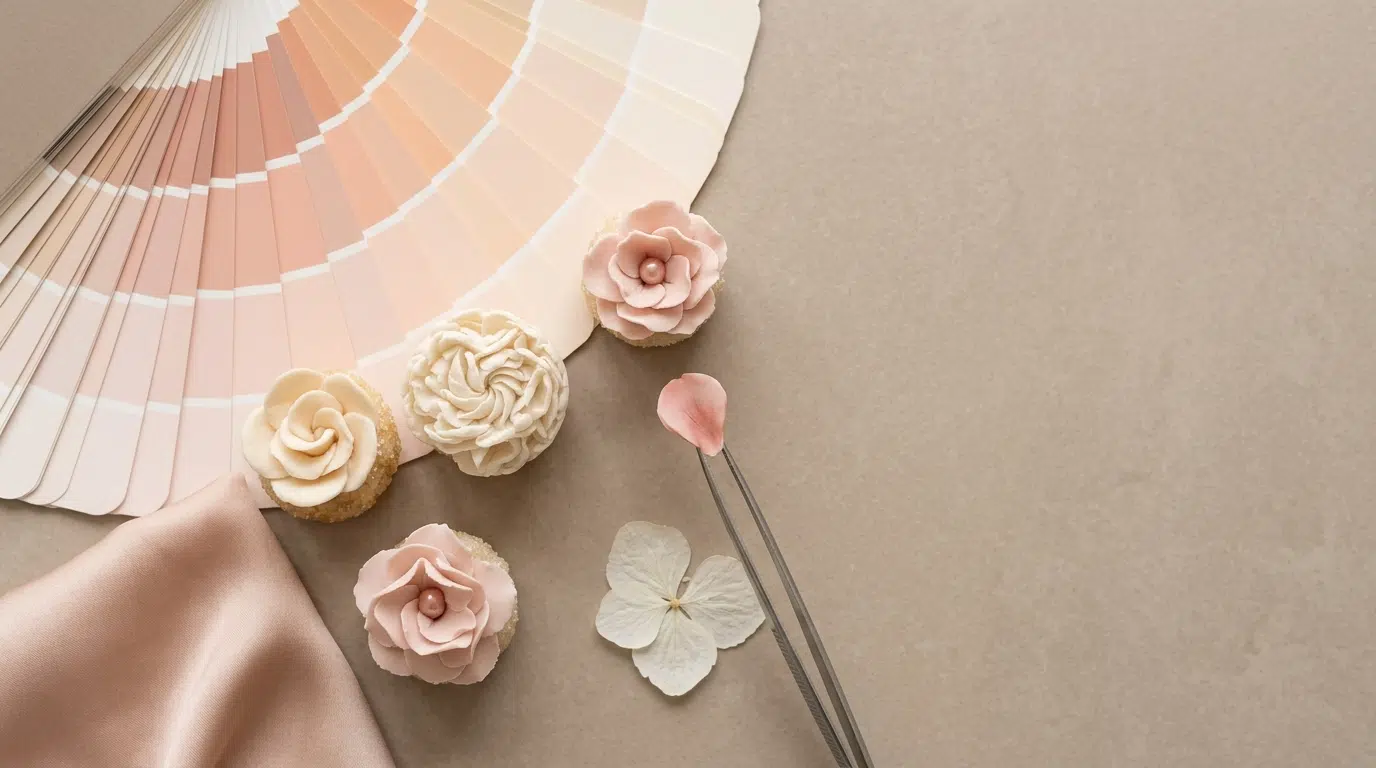 Floral brigadeiros matched to a graduated paint-chip fan and silk swatch during custom palette coordination.