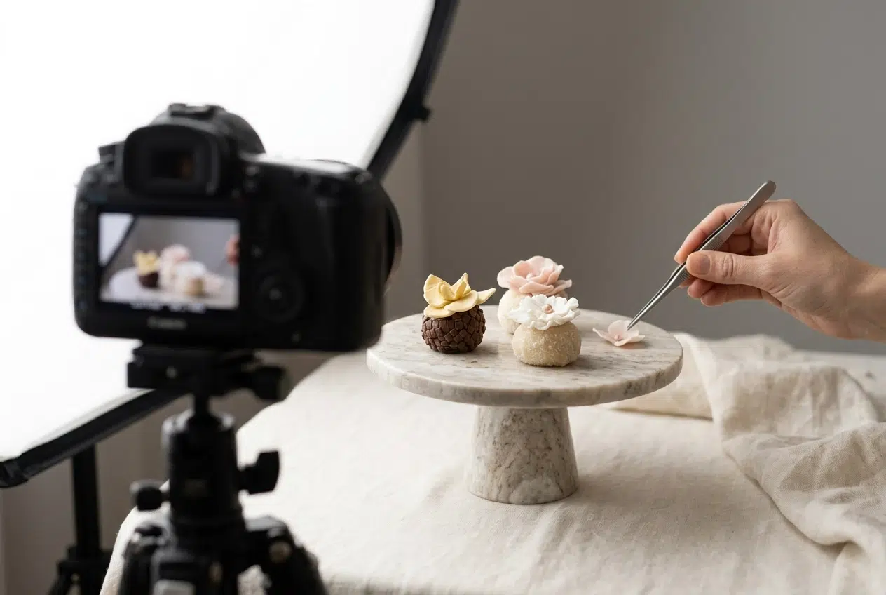 Behind-the-scenes styled shoot with a camera framing floral brigadeiros on a marble pedestal.