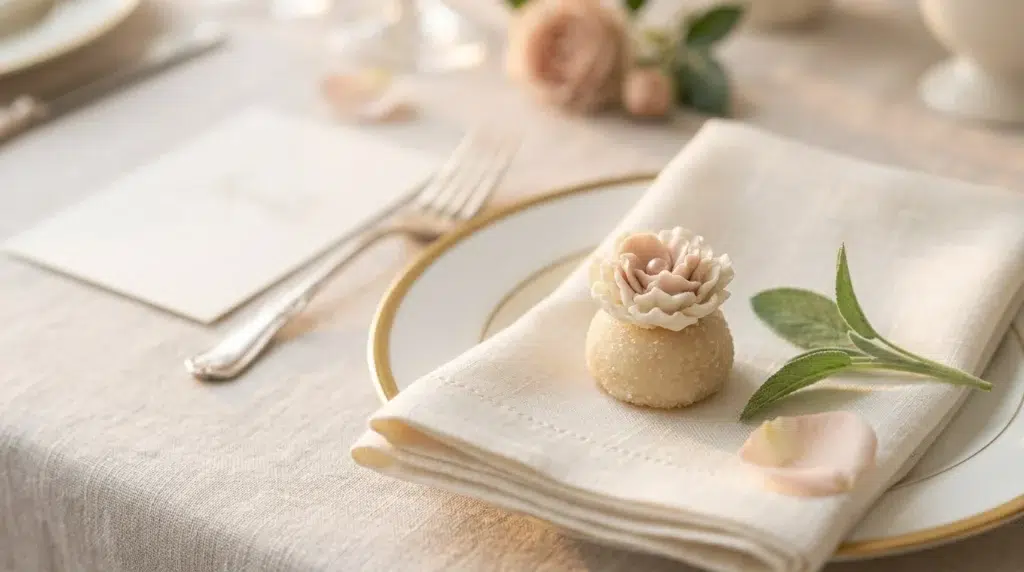 Handcrafted floral brigadeiro with edible sugar flowers at an elegant blush-and-ivory wedding place setting.