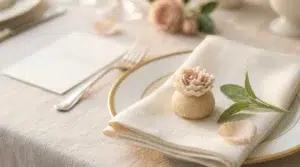Handcrafted floral brigadeiro with edible sugar flowers at an elegant blush-and-ivory wedding place setting.