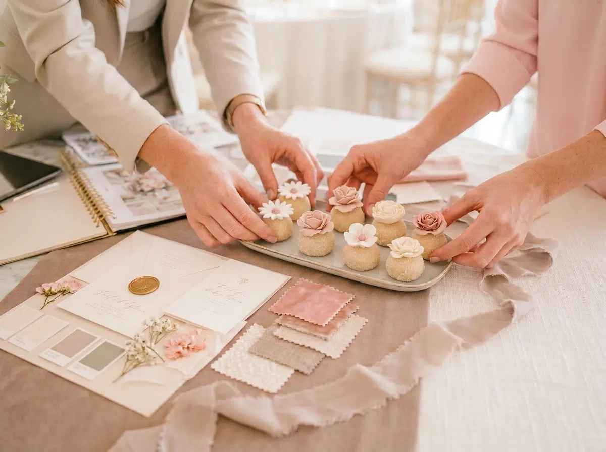 Planner and designer coordinating floral brigadeiros with a wedding palette and mood board.