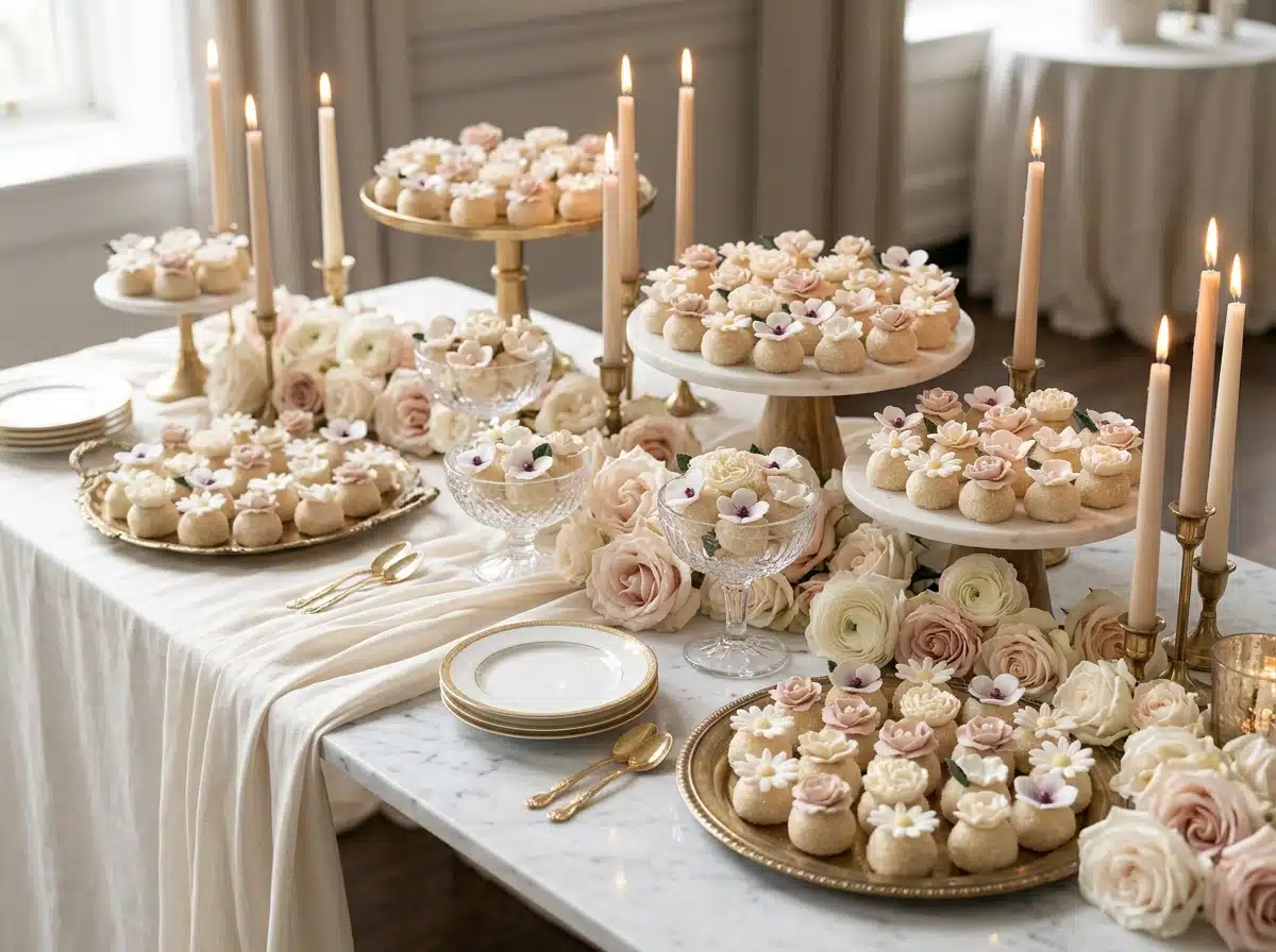 Wedding desert table of floral brigadeiros arranged on tiered stands with blush garden roses, ivory linen, and glowing champagne candles.