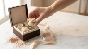Artisan hand placing a chocolate truffle into a velvet wedding favor box on marble.