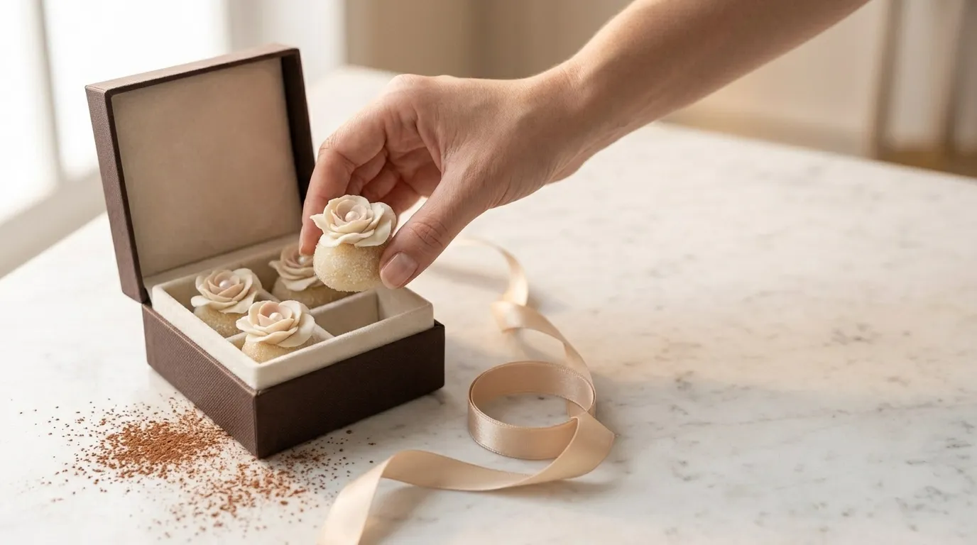 Artisan hand placing a chocolate truffle into a velvet wedding favor box on marble.