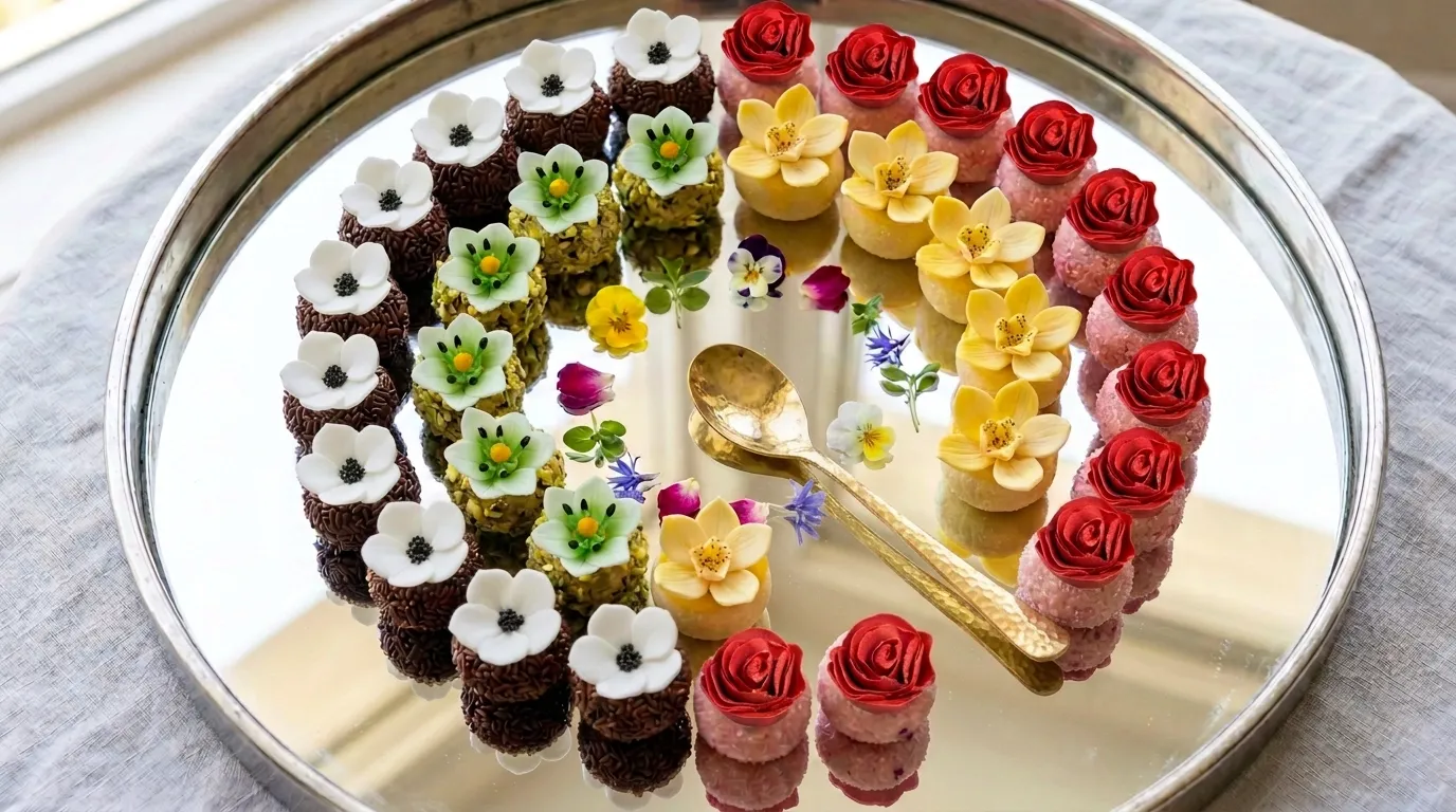 Assorted brigadeiro flavors arranged in a circle on a mirrored tray for weddings.
