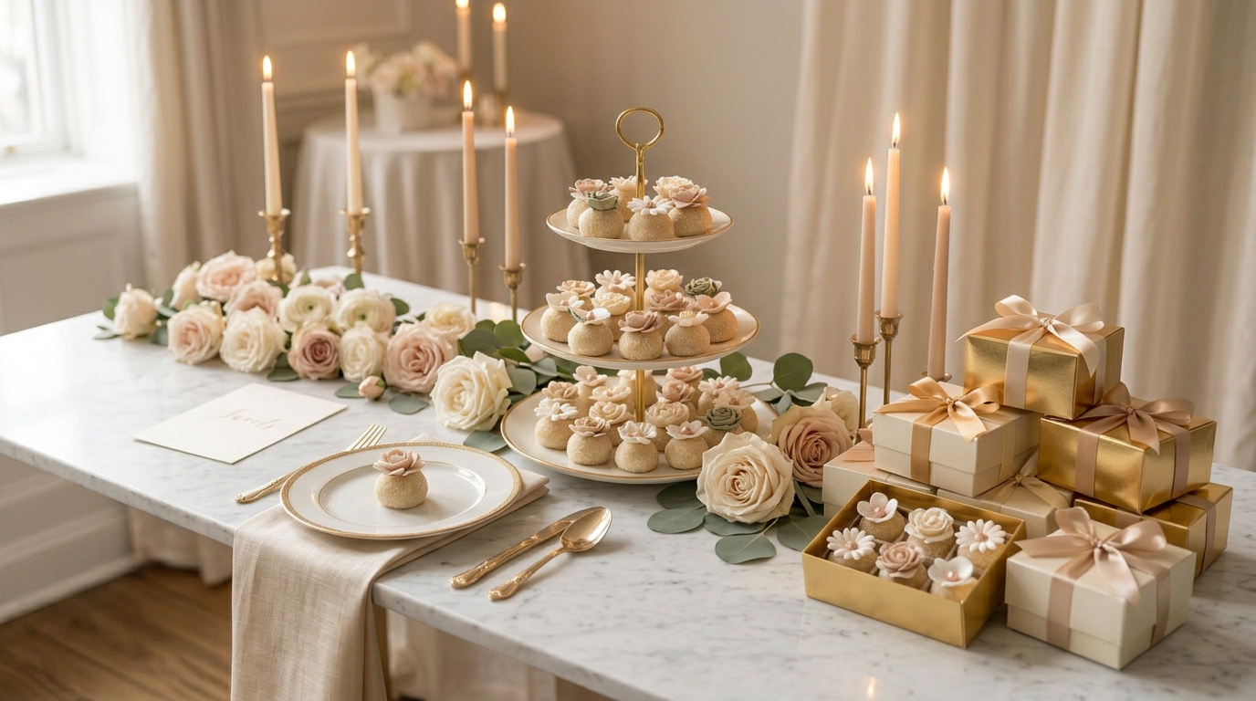 Wedding brigadeiro serving styles with favor boxes, place settings, and tiered display
