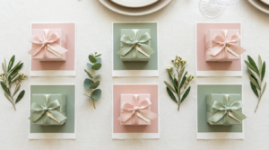 Color-coordinated blush and sage wedding favor boxes matched to palette swatches.