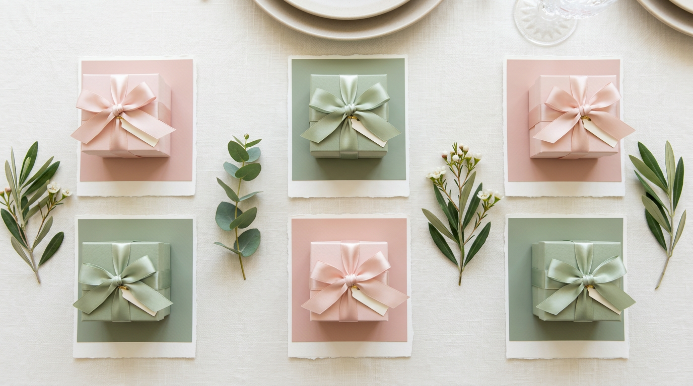 Color-coordinated blush and sage wedding favor boxes matched to palette swatches.