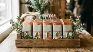 Custom-wrapped chocolate bar wedding favors standing in a wooden crate at a station.