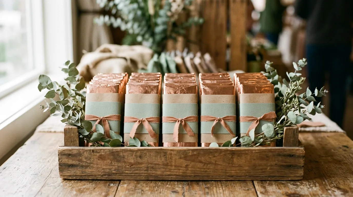 Custom-wrapped chocolate bar wedding favors standing in a wooden crate at a station.