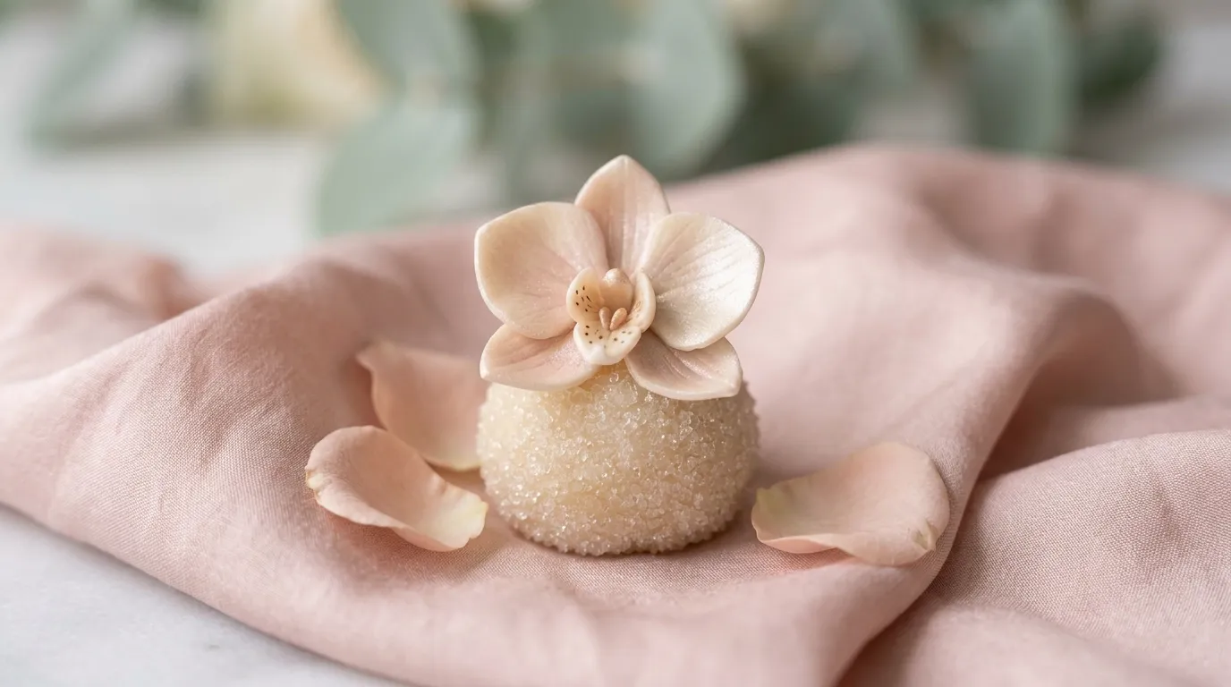 Close-up of a floral brigadeiro with an edible orchid on a blush silk napkin.