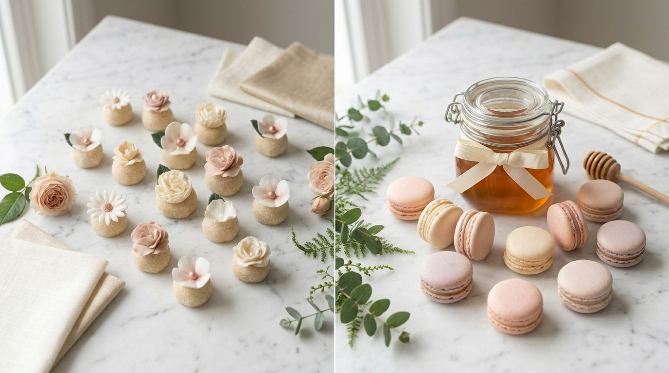 Floral brigadeiros beside classic macarons and a honey jar, comparing wedding favors.