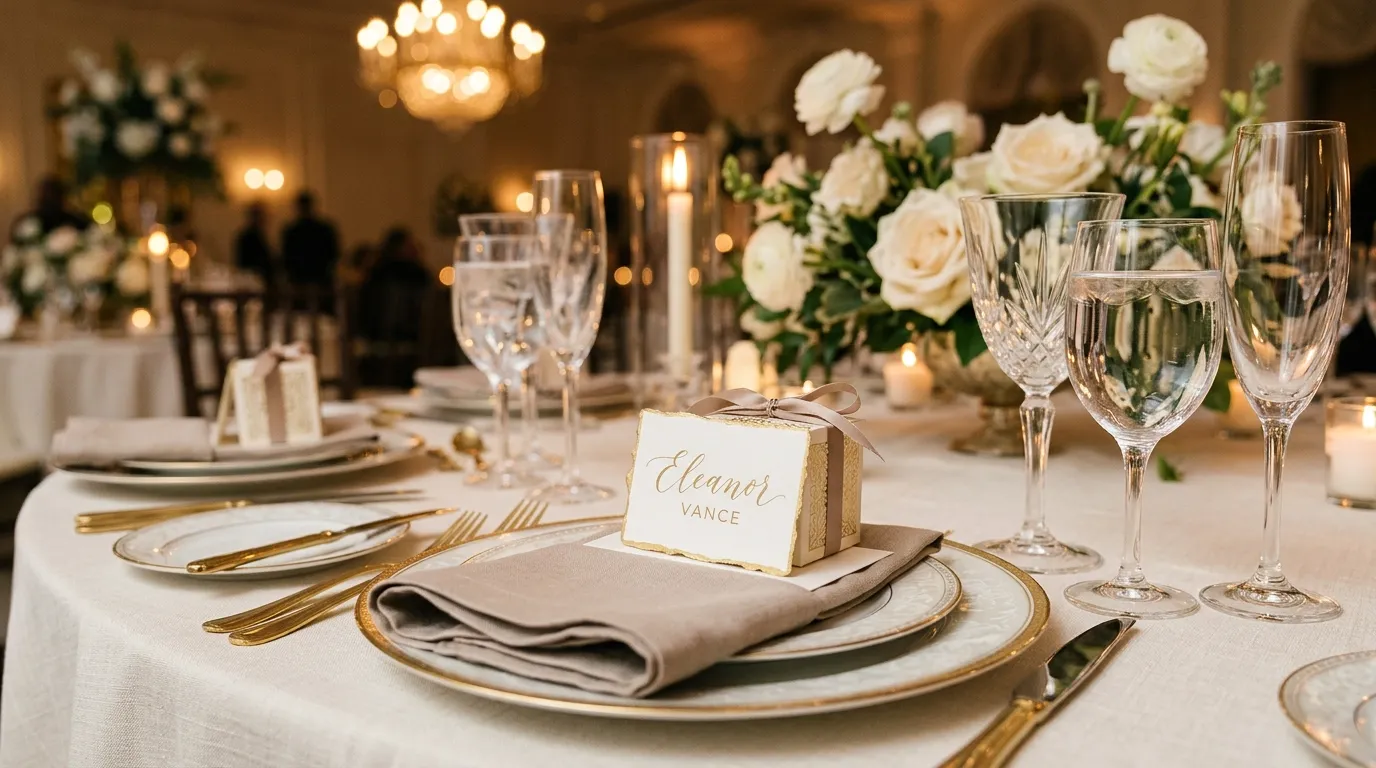 Elegant wedding place setting with gilded name card and favor box