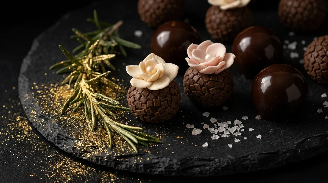 Gourmet dark chocolate floral brigadeiro on slate with gold rosemary