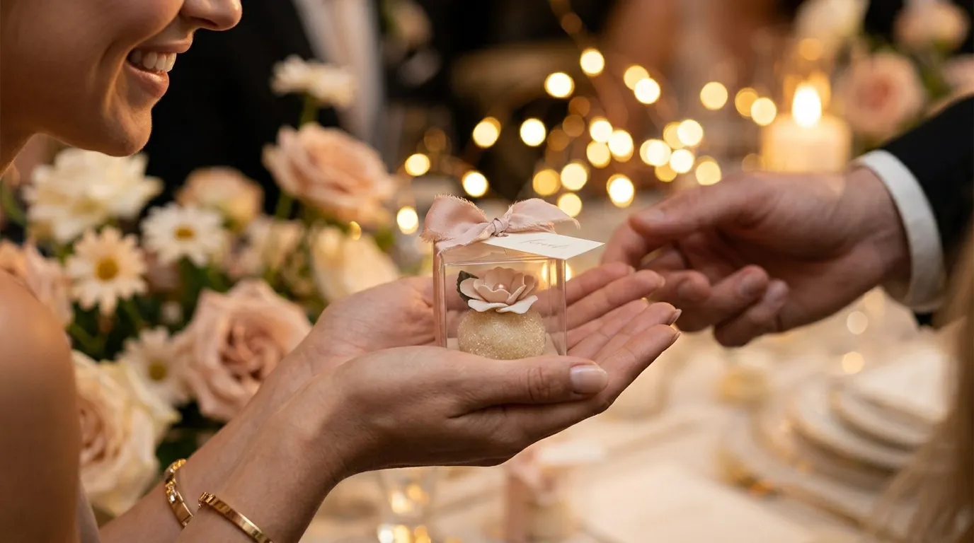 Wedding guest receiving a ribbon-tied edible favor at an elegant modern reception.