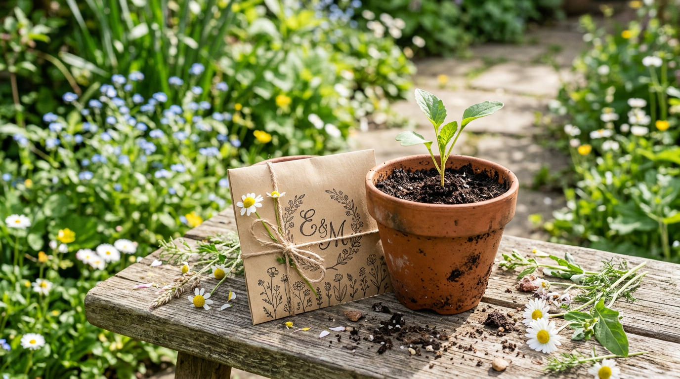 Monogrammed seed packet wedding favor beside a seedling and terracotta pot in a garden.