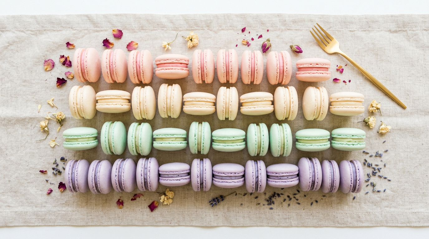 Overhead flat-lay of pastel macarons in a color gradient on linen for weddings.