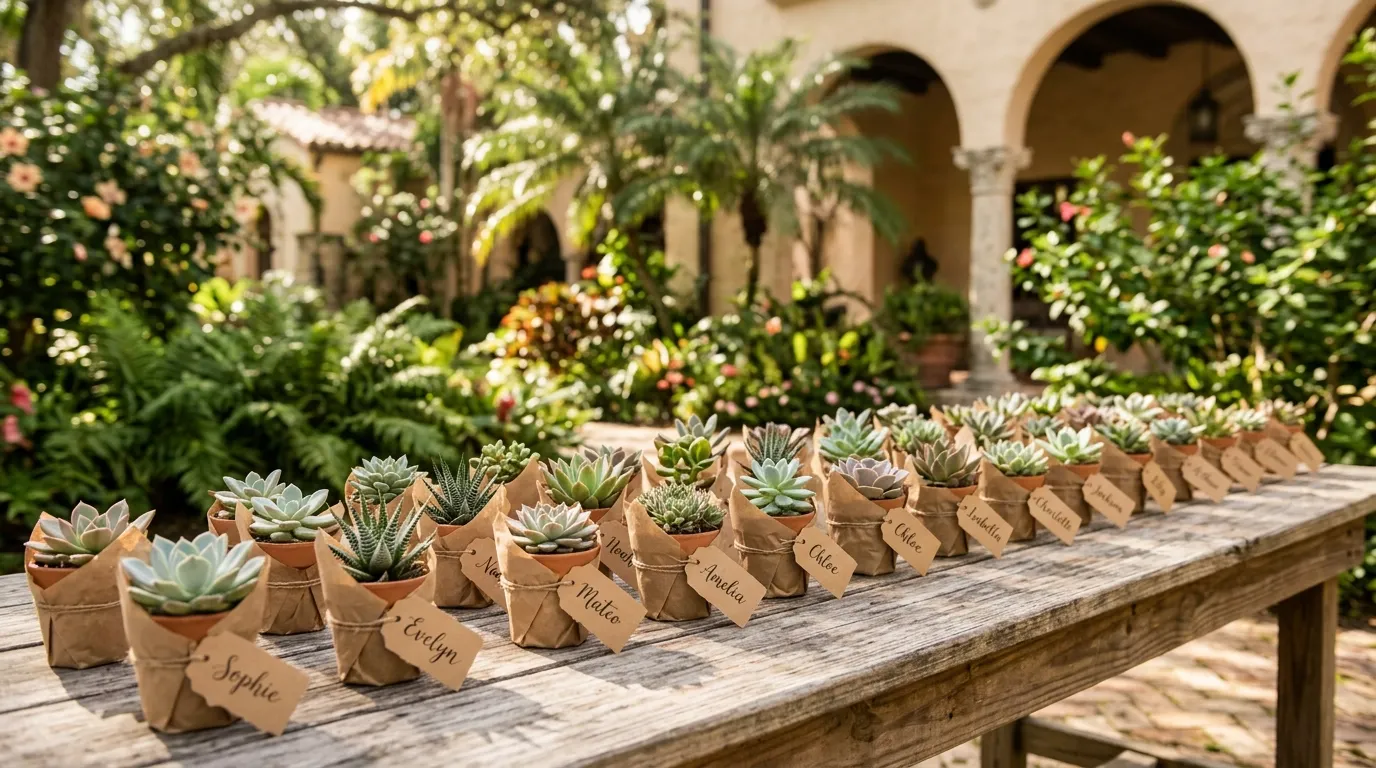 Rustic table of potted succulent wedding favors with handwritten name tags in a garden.