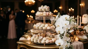 Tiered wedding dessert display of brigadeiros and macarons with orchids under candlelight.