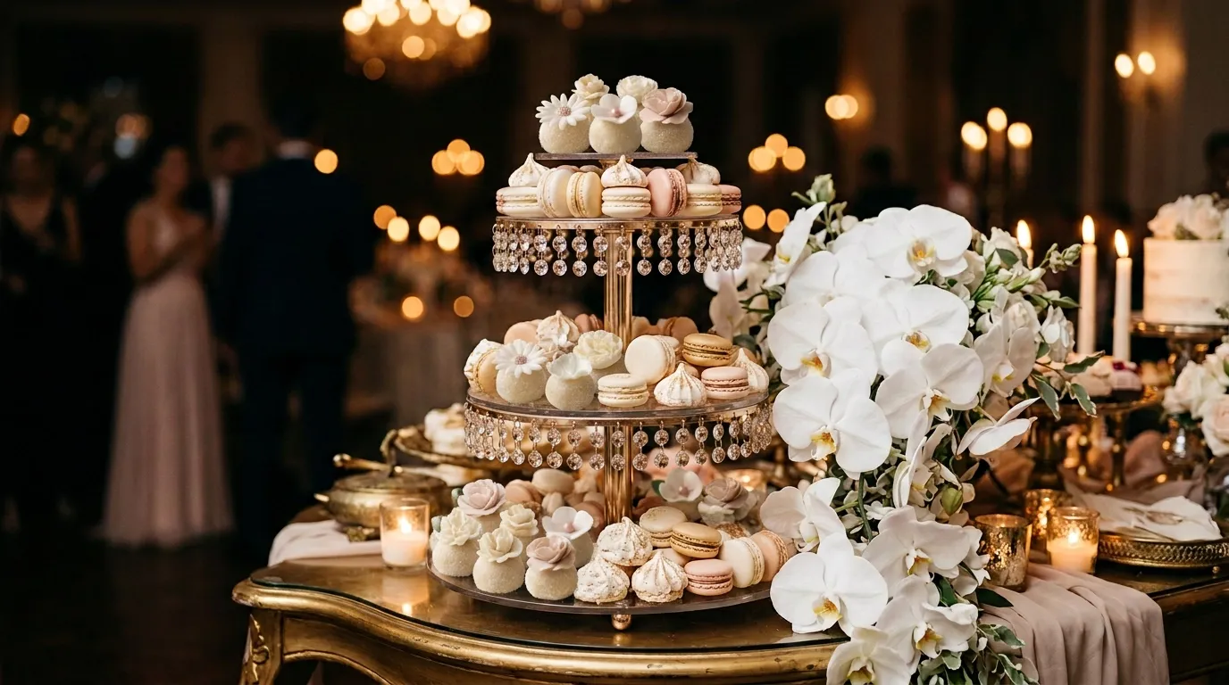 Tiered wedding dessert display of brigadeiros and macarons with orchids under candlelight.